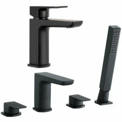Astini Crane Matt Black Bathroom Basin Mixer & 4 Hole Bath Shower Tap Pack Set