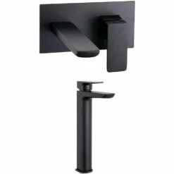 Astini Crane Tall Matt Black Bathroom Basin & Wall Mounted Bath Mixer Tap Pack Set