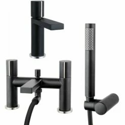 Astini Ibis Matt Black Mono Bathroom Basin & Bath Shower Mixer Tap Pack Set