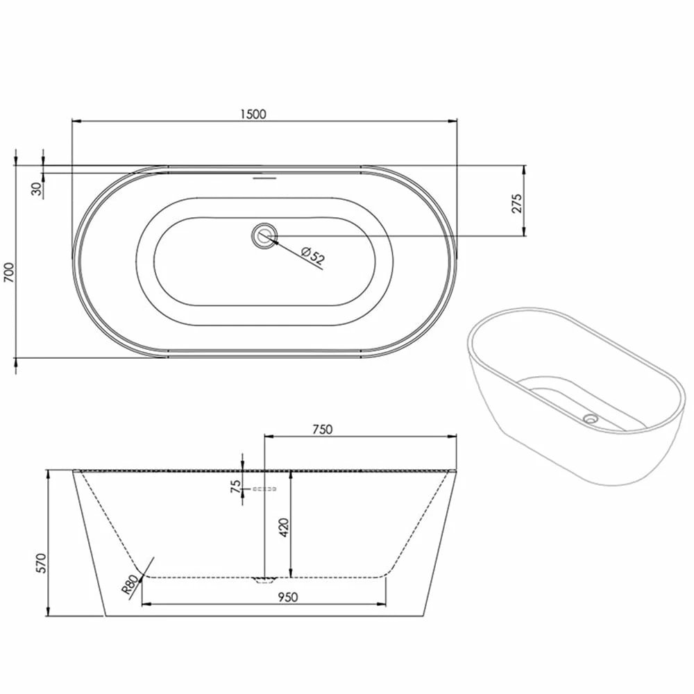 Astini Indigo Double Ended Freestanding 1500x700mm Bath Tub & Waste 2 Astini Indigo Double Ended Freestanding 1500x700mm Bath Tub & Waste - Image 2