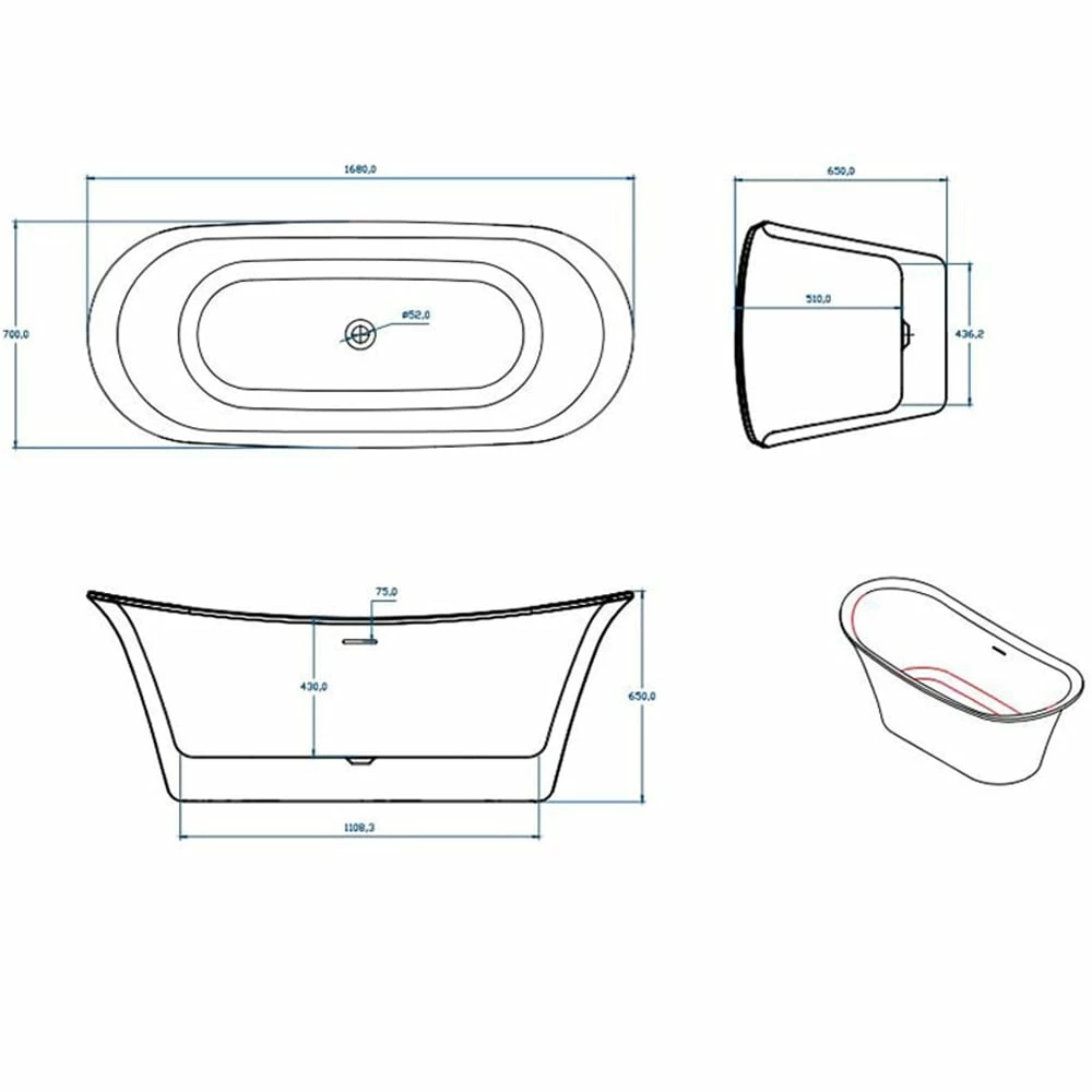 Astini Milla Double Ended Freestanding 1680x700mm Bath Tub & Waste 2 Astini Milla Double Ended Freestanding 1680x700mm Bath Tub & Waste - Image 2