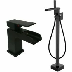Astini Straight Waterfall Matt Black Bathroom Basin & Bath Shower Mixer Tap Pack Set