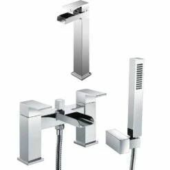 Astini Straight Waterfall Tall Chrome Bathroom Basin & Bath Shower Mixer Tap Pack Set