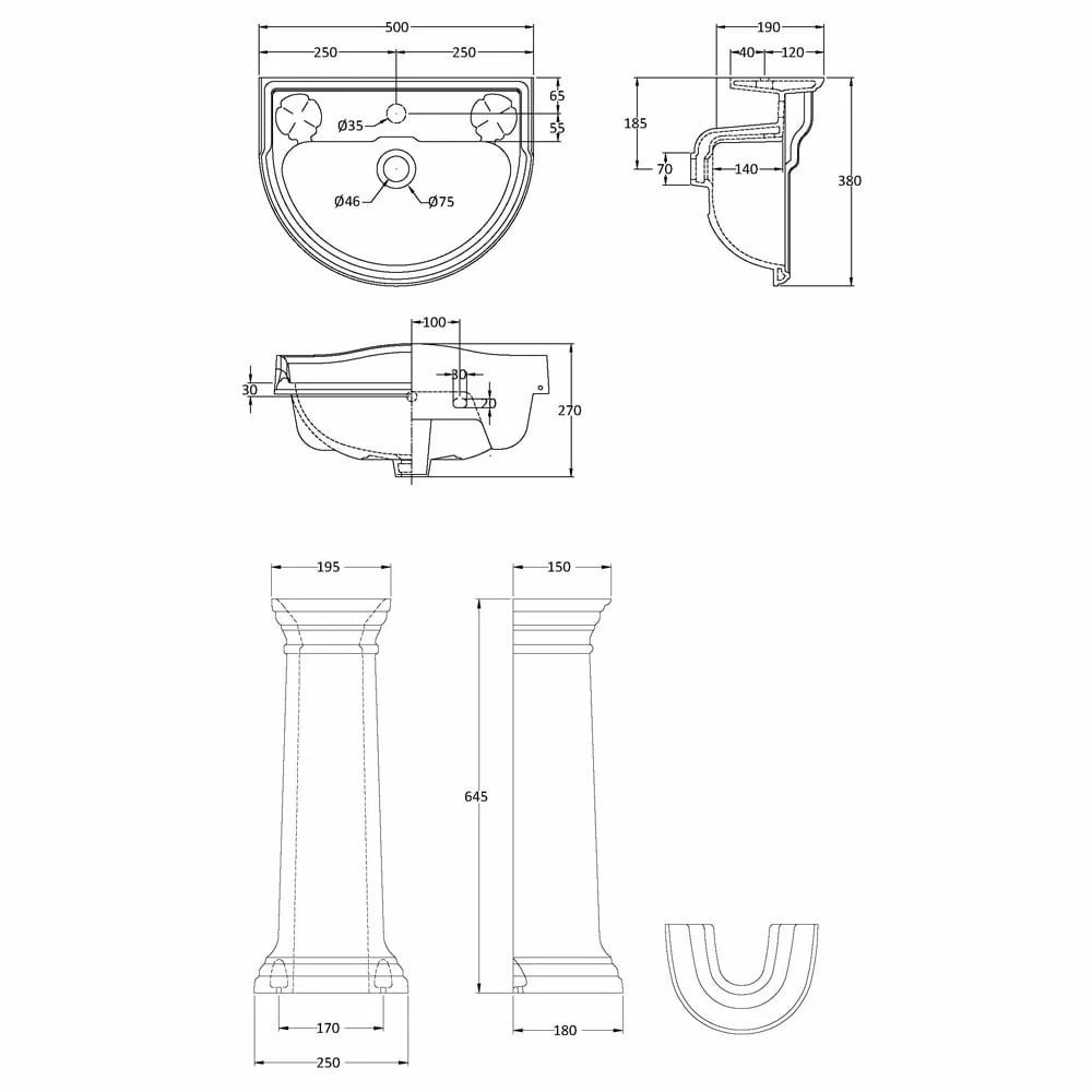 Hudson Reed Chancery 500x380 1th White Basin & Pedestal CRT007 2 Hudson Reed Chancery 500x380 1th White Basin & Pedestal CRT007 - Image 2