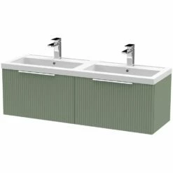Hudson Reed Fluted Satin Green 1200mm Wall Hung 2-Drawer Vanity & Double Basin