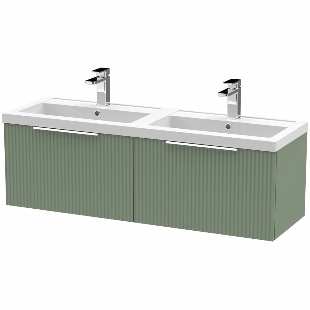 Hudson Reed Fluted Satin Green 1200mm Wall Hung 2-Drawer Vanity & Double Basin 1 Hudson Reed Fluted Satin Green 1200mm Wall Hung 2-Drawer Vanity & Double Basin