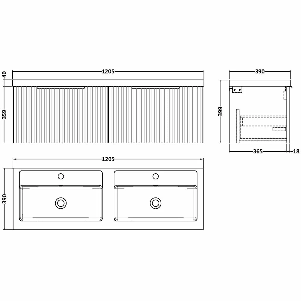 Hudson Reed Fluted Satin Green 1200mm Wall Hung 2-Drawer Vanity & Double Basin 3 Hudson Reed Fluted Satin Green 1200mm Wall Hung 2-Drawer Vanity & Double Basin - Image 3