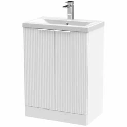 Hudson Reed Fluted Satin White 600mm Floor Standing 2-Door Vanity Unit & Basin 1