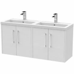 Hudson Reed Juno White Ash 1200mm Wall Hung 4-Door Vanity Unit & Double Basin