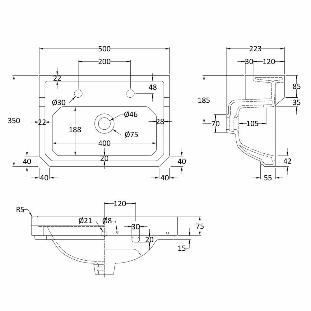 Hudson Reed Richmond 500x350 2th White Basin - NCS885 2 Hudson Reed Richmond 500x350 2th White Basin - NCS885 - Image 2