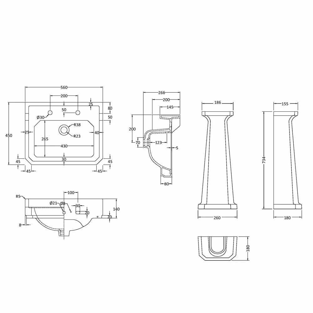 Hudson Reed Richmond 560x450 2th White Basin & Comfort Height Pedestal CCR029 2 Hudson Reed Richmond 560x450 2th White Basin & Comfort Height Pedestal CCR029 - Image 2