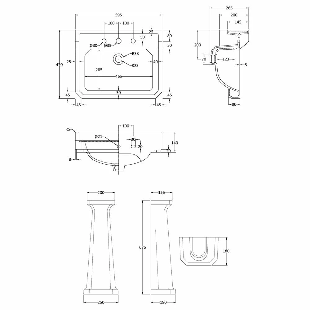 Hudson Reed Richmond 595x450 3th White Basin & Pedestal CCR024 2 Hudson Reed Richmond 595x450 3th White Basin & Pedestal CCR024 - Image 2