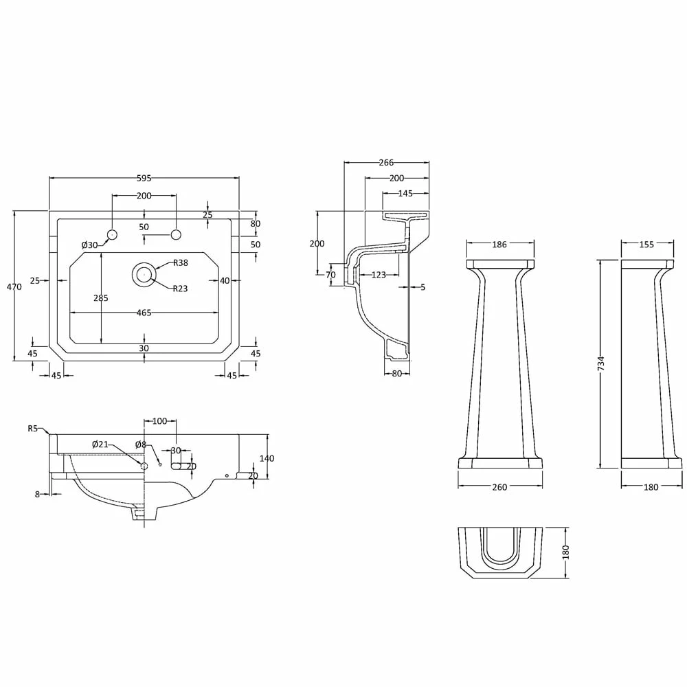 Hudson Reed Richmond 595x470 2th White Basin & Comfort Height Pedestal CCR026 2 Hudson Reed Richmond 595x470 2th White Basin & Comfort Height Pedestal CCR026 - Image 2