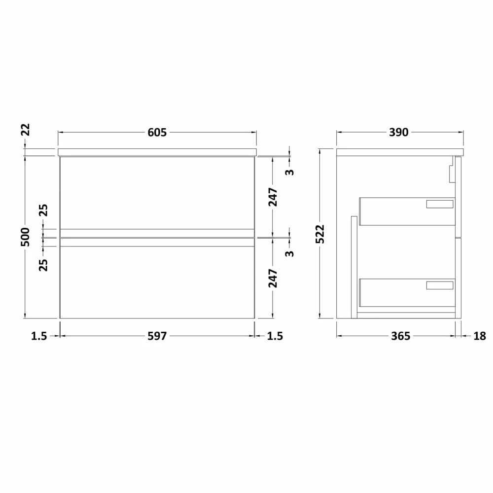 Hudson Reed Urban White 600mm Wall Hung 2-Drawer Vanity Unit & Worktop URB104LSW 3 Hudson Reed Urban White 600mm Wall Hung 2-Drawer Vanity Unit & Worktop URB104LSW - Image 3