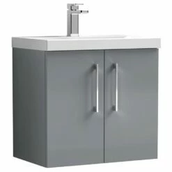 Nuie Arno Cloud Grey 600mm Wall Hung 2-Door Vanity Unit & Basin 1