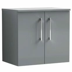 Nuie Arno Cloud Grey 600mm Wall Hung 2-Door Vanity Unit & Worktop