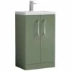 Nuie Arno Compact Satin Green 500mm Floor Stading 2-Door Vanity Unit & Polymarble Basin