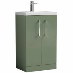 Nuie Arno Compact Satin Green 500mm Floor Stading 2-Door Vanity Unit & Polymarble Basin