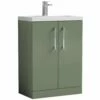Nuie Arno Compact Satin Green 600mm Floor Stading 2-Door Vanity Unit & Polymarble Basin
