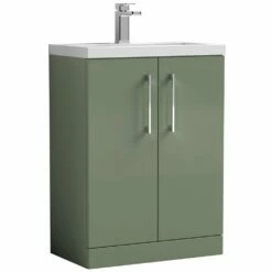Nuie Arno Compact Satin Green 600mm Floor Stading 2-Door Vanity Unit & Polymarble Basin