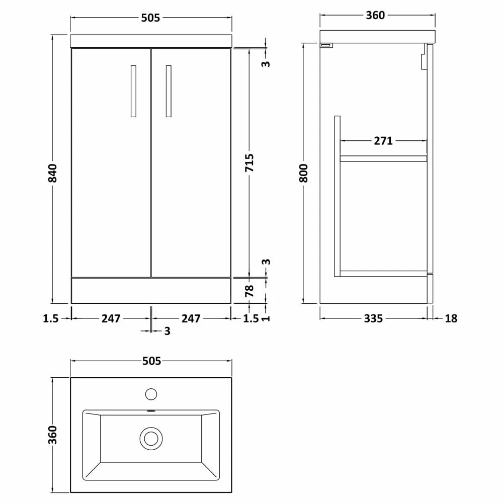 Nuie Arno Gloss White 500mm Floor Standing Vanity Unit & Ceramic Basin PAL006E 3 Nuie Arno Gloss White 500mm Floor Standing Vanity Unit & Ceramic Basin PAL006E - Image 3
