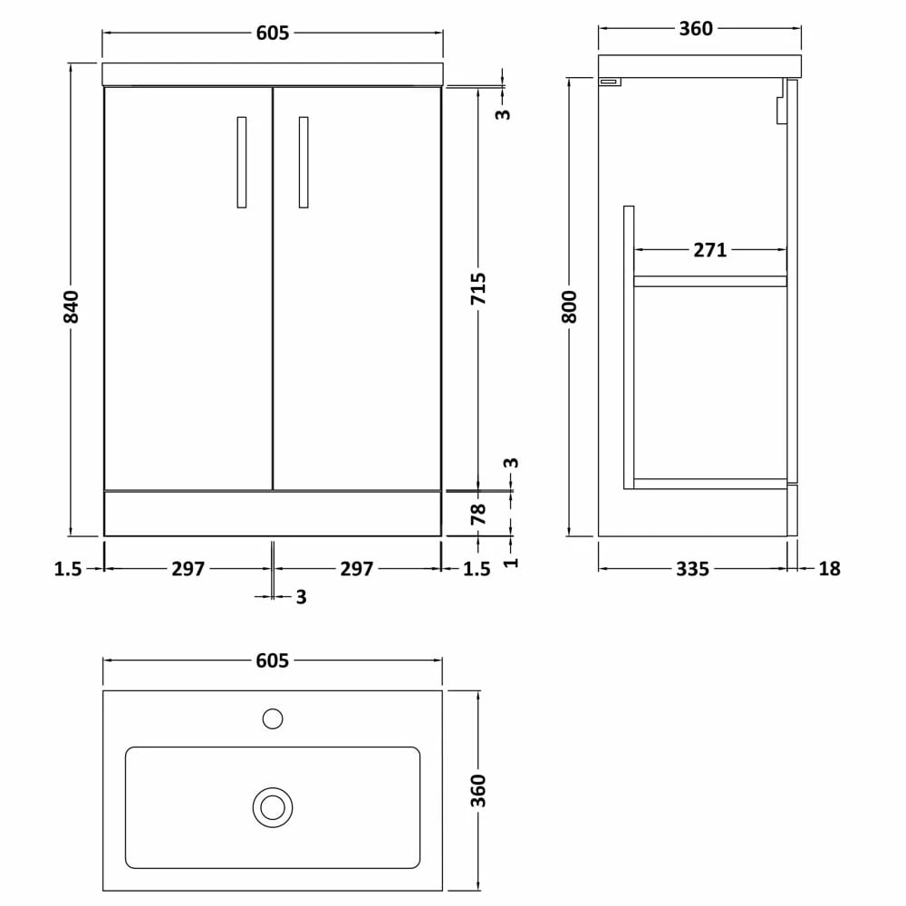 Nuie Arno Gloss White 600mm Floor Standing Vanity Unit & Polymarble Basin PAL027 3 Nuie Arno Gloss White 600mm Floor Standing Vanity Unit & Polymarble Basin PAL027 - Image 3