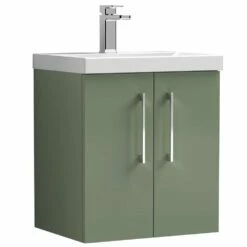 Nuie Arno Satin Green 500mm Wall Hung 2-Door Vanity Unit & Basin 1