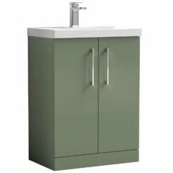 Nuie Arno Satin Green 600mm Floor Stading 2-Door Vanity Unit & Basin 1