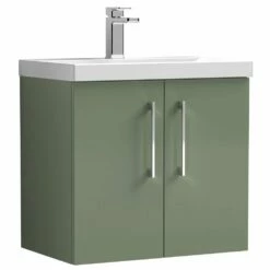 Nuie Arno Satin Green 600mm Wall Hung 2-Door Vanity Unit & Basin 1