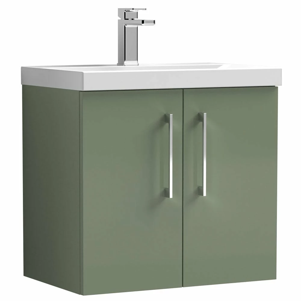 Nuie Arno Satin Green 600mm Wall Hung 2-Door Vanity Unit & Basin 1 1 Nuie Arno Satin Green 600mm Wall Hung 2-Door Vanity Unit & Basin 1
