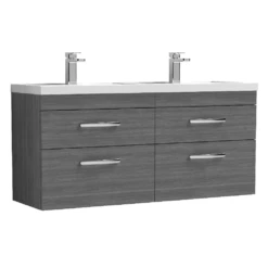 Nuie Athena Anthracite Woodgrain 1200mm Wall Hung 4 Drawer Vanity & Double Basin
