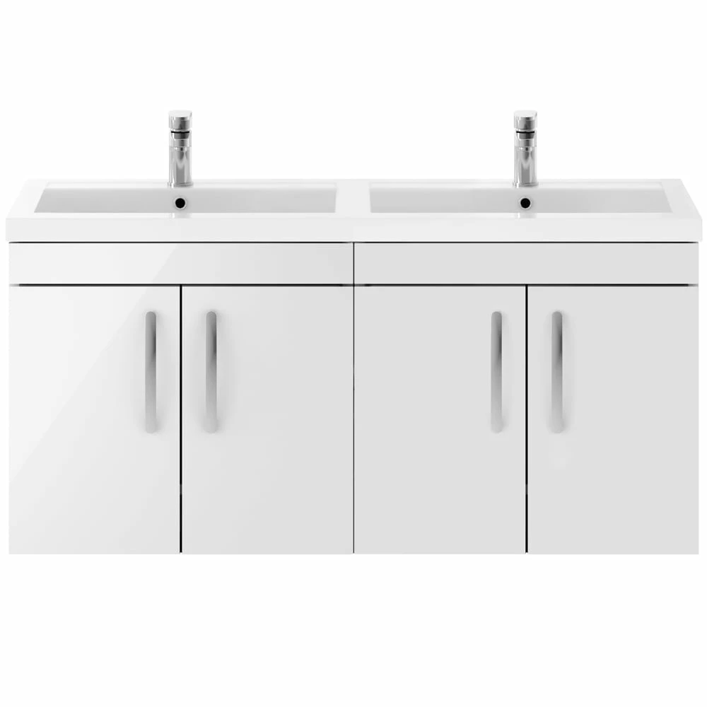 Nuie Athena Gloss White 1200mm Wall Hung 4 Door Vanity & Double Basin 1 Nuie Athena Gloss White 1200mm Wall Hung 4 Door Vanity & Double Basin