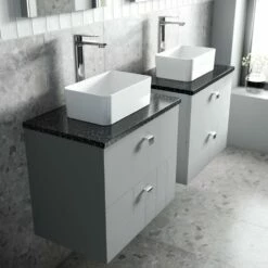 Nuie Blocks Satin Grey 600mm Wall Hung Vanity Unit & Black Worktop BLO202LSB -HANSGROHE Shop nuie blocks satin grey 600mm wall hung vanity unit black worktop blo202lsb p42350 215318 image