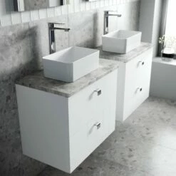 Nuie Blocks Satin White 600mm Wall Hung Vanity Unit & Grey Worktop BLO102LBG -HANSGROHE Shop nuie blocks satin white 600mm wall hung vanity unit grey worktop blo102lbg p42348 215320 image