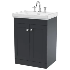 Nuie Classique Satin Anthracite 600 Floor Standing 2-Door Vanity Unit & 3TH Basin
