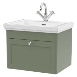 Nuie Classique Satin Green 600 Wall Hung 1-Drawer Vanity Unit & 1TH Basin