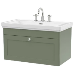 Nuie Classique Satin Green 800 Wall Hung 3-Drawer Vanity Unit & 3TH Basin