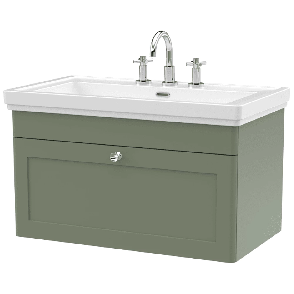 Nuie Classique Satin Green 800 Wall Hung 3-Drawer Vanity Unit & 3TH Basin 1 Nuie Classique Satin Green 800 Wall Hung 3-Drawer Vanity Unit & 3TH Basin