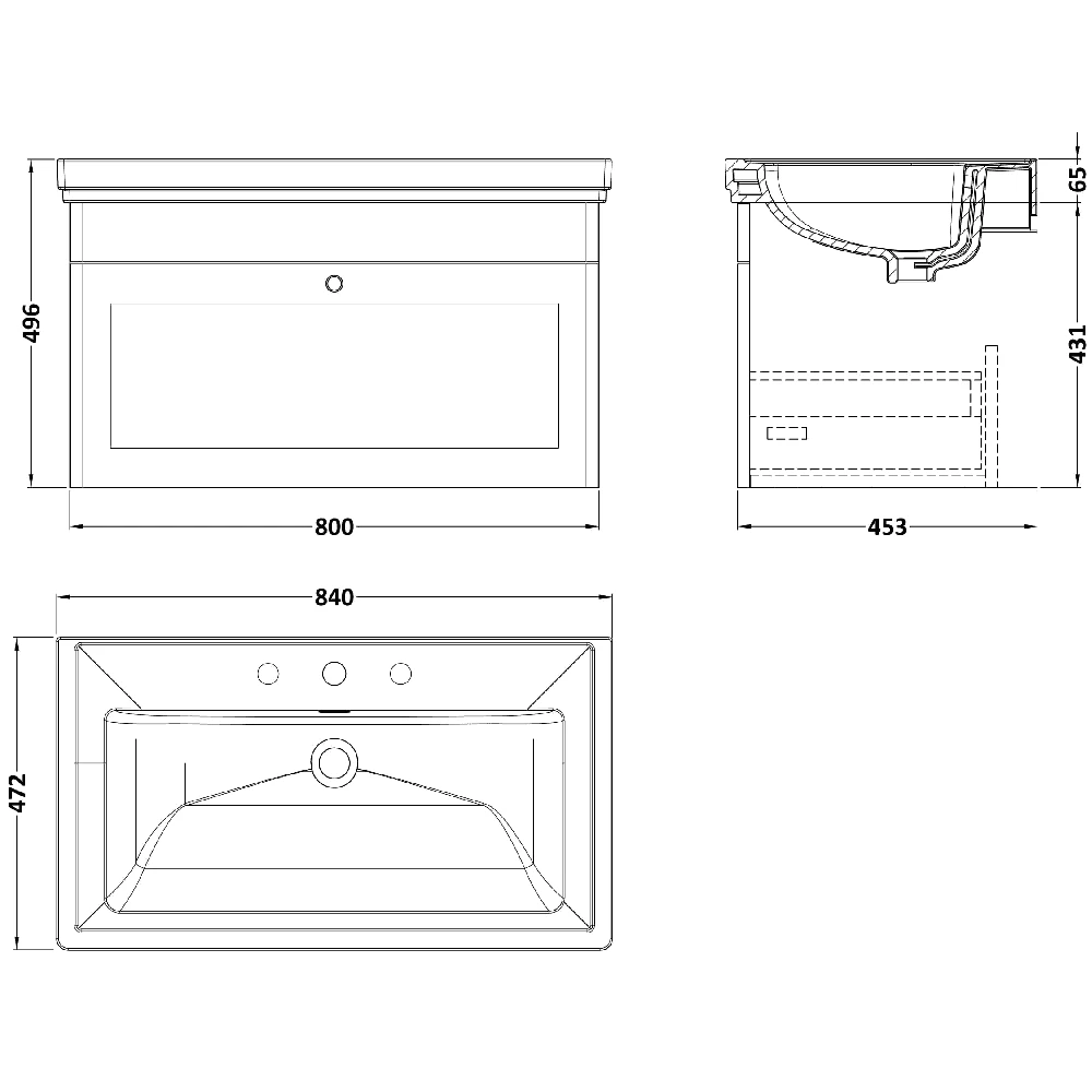 Nuie Classique Satin Green 800 Wall Hung 3-Drawer Vanity Unit & 3TH Basin 3 Nuie Classique Satin Green 800 Wall Hung 3-Drawer Vanity Unit & 3TH Basin - Image 3