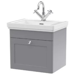Nuie Classique Satin Grey 500 Wall Hung 1-Drawer Vanity Unit & 1TH Basin