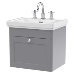 Nuie Classique Satin Grey 500 Wall Hung 3-Drawer Vanity Unit & 3TH Basin