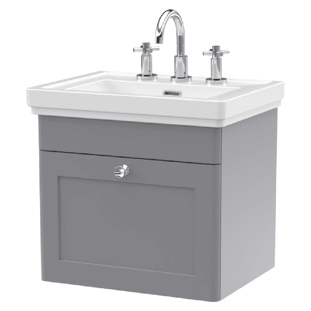 Nuie Classique Satin Grey 500 Wall Hung 3-Drawer Vanity Unit & 3TH Basin 1 Nuie Classique Satin Grey 500 Wall Hung 3-Drawer Vanity Unit & 3TH Basin