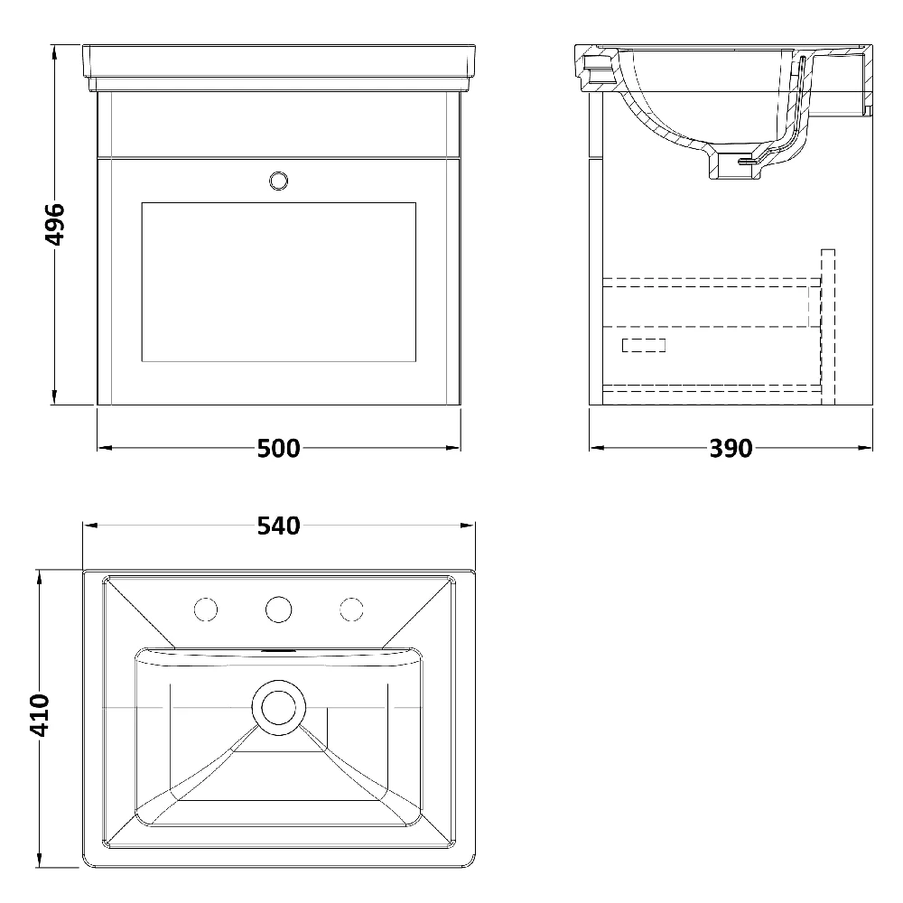 Nuie Classique Satin Grey 500 Wall Hung 3-Drawer Vanity Unit & 3TH Basin 3 Nuie Classique Satin Grey 500 Wall Hung 3-Drawer Vanity Unit & 3TH Basin - Image 3