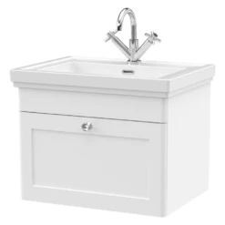 Nuie Classique Satin White 600 Wall Hung 1-Drawer Vanity Unit & 1TH Basin
