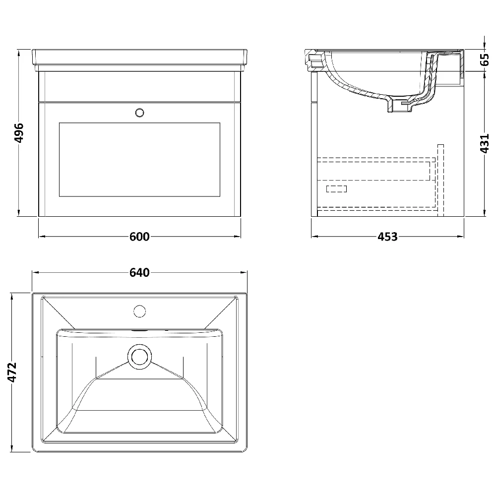 Nuie Classique Satin White 600 Wall Hung 1-Drawer Vanity Unit & 1TH Basin 3 Nuie Classique Satin White 600 Wall Hung 1-Drawer Vanity Unit & 1TH Basin - Image 3