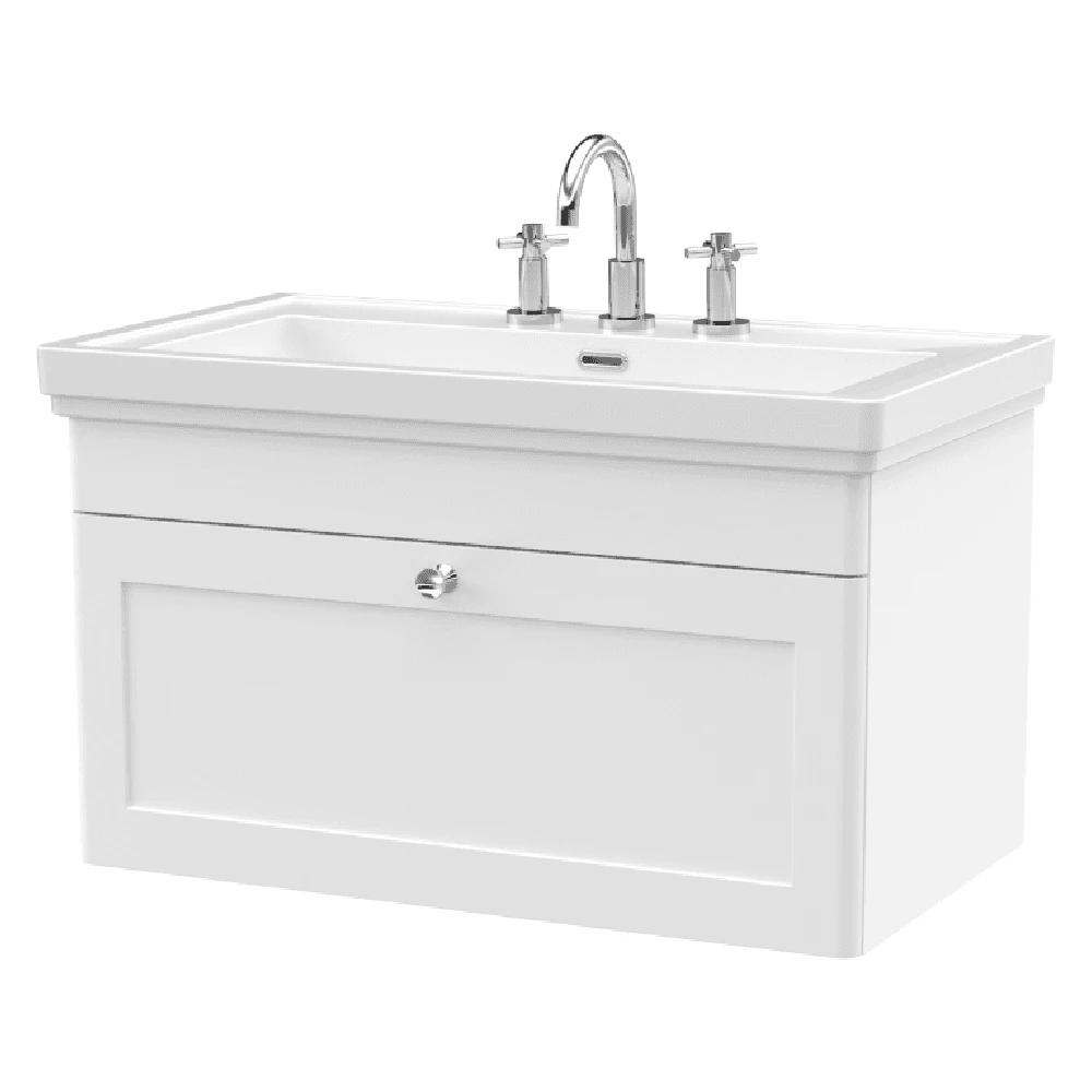 Nuie Classique Satin White 800 Wall Hung 3-Drawer Vanity Unit & 3TH Basin 1 Nuie Classique Satin White 800 Wall Hung 3-Drawer Vanity Unit & 3TH Basin