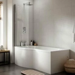 Nuie Curved B Shape 1500mm Shower Bath LH, Fixed Screen & White Panel