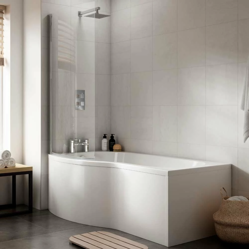 Nuie Curved B Shape 1500mm Shower Bath LH, Fixed Screen & White Panel 1 Nuie Curved B Shape 1500mm Shower Bath LH, Fixed Screen & White Panel