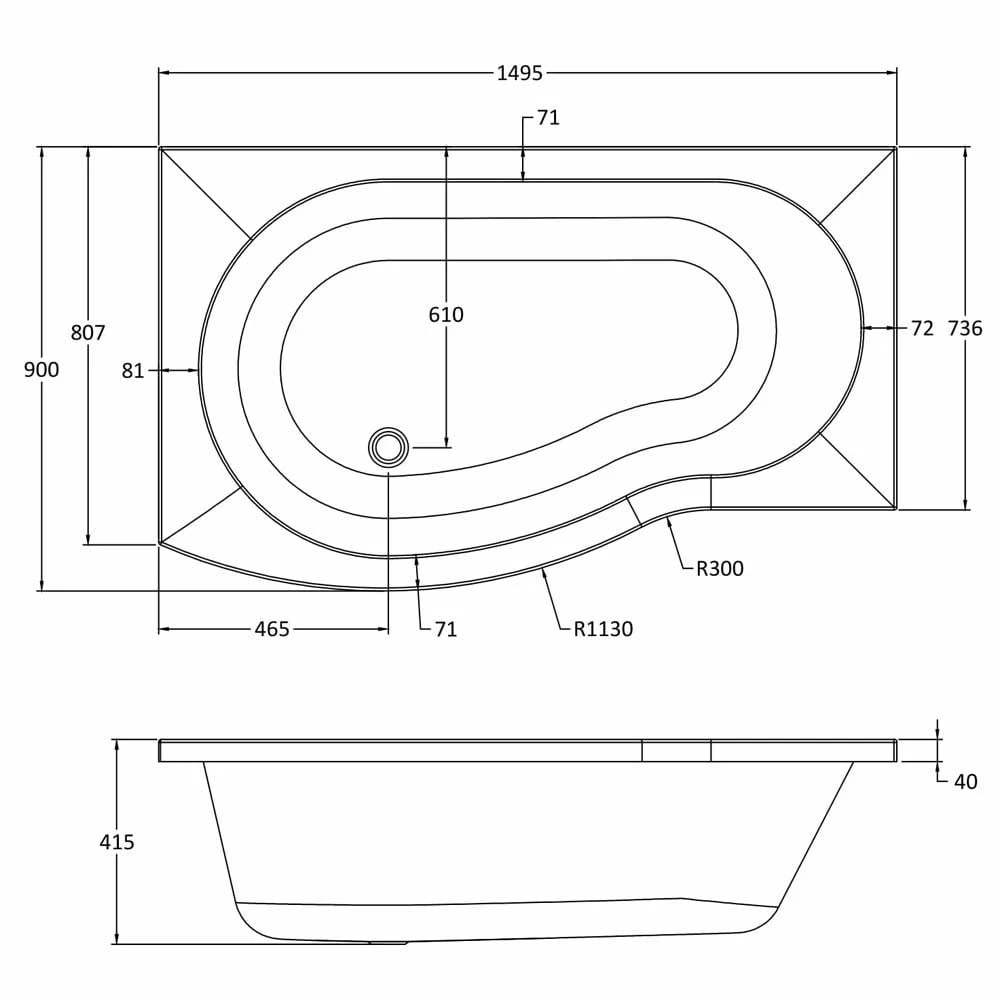 Nuie Curved B Shape 1500mm Shower Bath LH, Fixed Screen & White Panel 3 Nuie Curved B Shape 1500mm Shower Bath LH, Fixed Screen & White Panel - Image 3