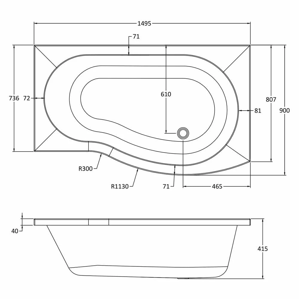 Nuie Curved B Shape 1500mm Shower Bath RH, Fixed Screen & White Panel 3 Nuie Curved B Shape 1500mm Shower Bath RH, Fixed Screen & White Panel - Image 3